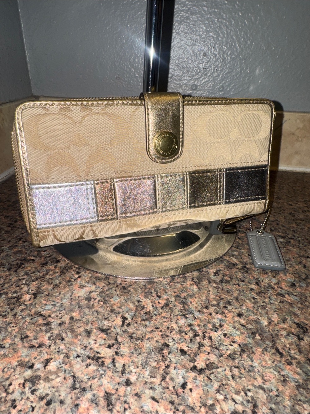Coach Signature Canvas Wallet with Metallic patch work Panel euc
